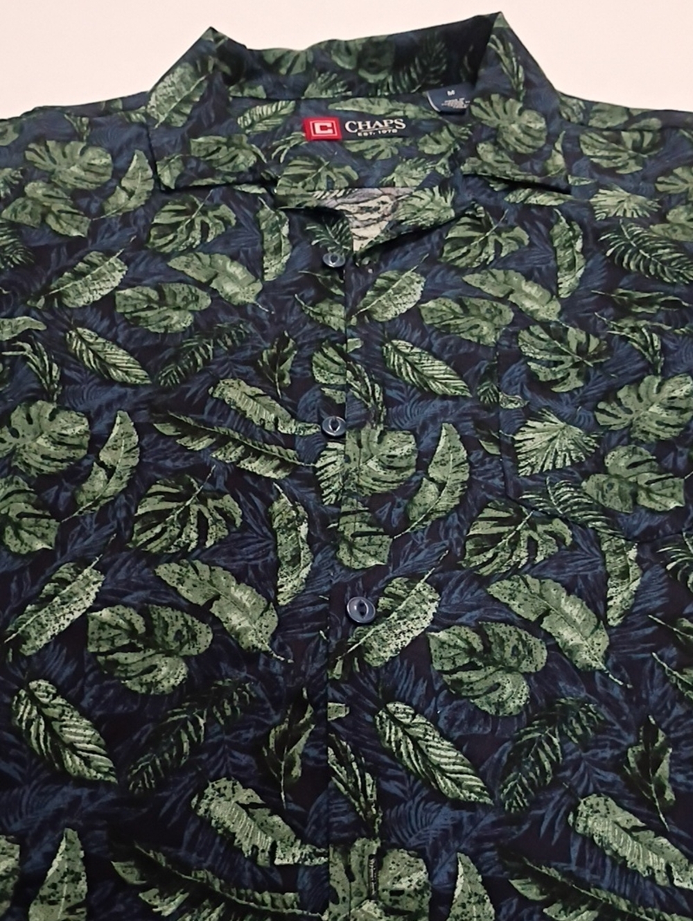 Chaps Mens Navy Button-Up Shirt with Green Leaf Print